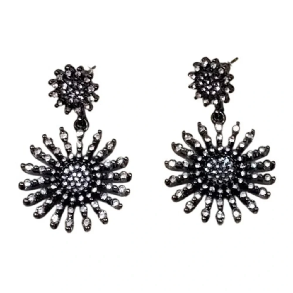 Lucky Brand Gunmetal Sunburst Crystal Drop Earrings Celestial Statement Dangle